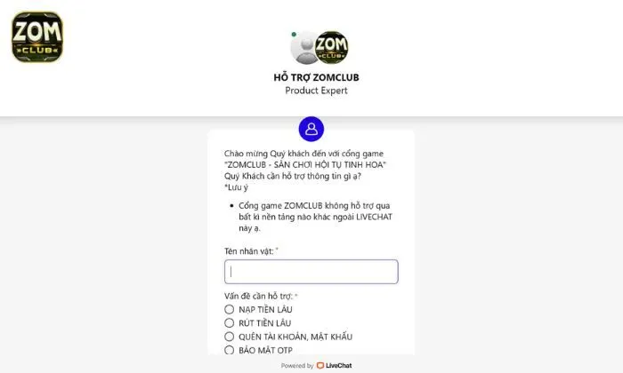 Liên hệ Zomclub qua Livechat