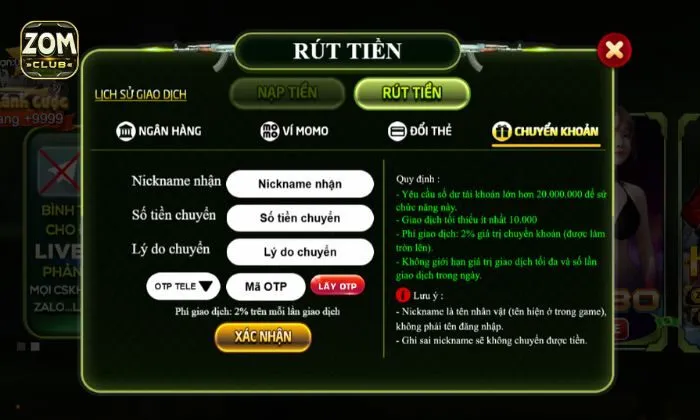 Rút tiền Zomclub bằng chuyển khoản dễ dàng