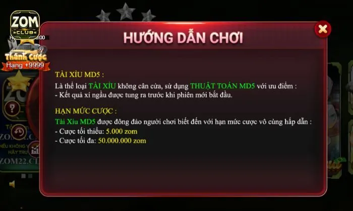 Luật chơi Tài xỉu MD5 tại Zomclub đơn giản, dễ chơi